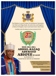 Olukotun of Ikotun-Ile, HRM Oba (Dr.) Abdul-Razaq Adebayo Ilufemiloye I Sets to Celebrate 20th Coronation Anniversary February 22