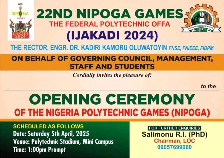 Federal Polytechnic Offa Set to Host 22nd NIPOGA Opening Ceremony April 5