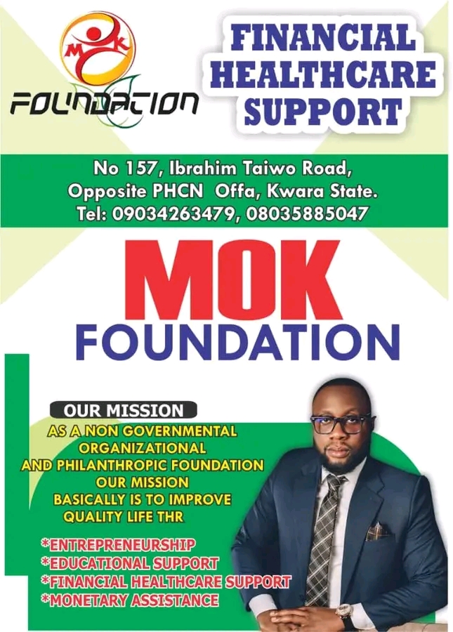 MOK Foundation Provides Healthcare Support to 52 Patients in February The Muhydeen Okunlola Kayode (MOK) Foundation has continued its commitment to providing quality healthcare support, assisting a total of 52 patients across four hospitals in February 2025. This update was disclosed by the Foundation’s Health Coordinator, Mr. Adewuyi Olaitan, who reiterated the organization’s dedication to ensuring accessible and affordable medical care, particularly in underserved communities. According to the latest report, patient support for the month of February was distributed as follows: 👉 Olomowewe: 14 patients 👉 Lamodi: 16 patients 👉 Igbo Oro: 12 patients 👉 Abogunugun: 10 patients 👉 Ojoku: NIL The MOK Foundation expressed gratitude to its partner hospitals and supporters, emphasizing that their contributions continue to make a tangible impact on people's lives. "Every patient we assist brings us closer to our vision of a healthier society. We appreciate our medical partners and everyone supporting this mission. Together, we are making a difference," Mr. Olaitan stated. The Foundation reaffirmed its commitment to sustaining and expanding its healthcare interventions, ensuring that more people in need receive vital medical attention.