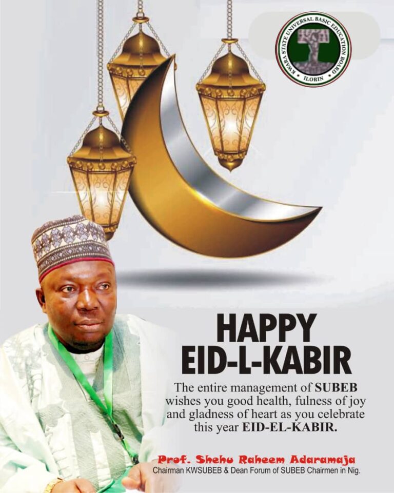 Eid-l-Adha: A Season of Unity, Hope, and Kwara’s Rising Promise — Adaramaja ....Hails Governor AbdulRazaq’s Giant Strides The Executive Chairman of the Kwara State Universal Basic Education Board (KWSUBEB) and Dean of the Forum of SUBEB Chairmen in Nigeria, Prof. Shehu Raheem Adaramaja, has extended congratulations to the Muslim Ummah across Kwara State, especially the dedicated staff of KWSUBEB, on the occasion of Eid-l-Adha. In his goodwill message, Prof. Adaramaja praised the exemplary leadership of the Executive Governor of Kwara State, His Excellency Mallam AbdulRahman AbdulRazaq, CON, describing him as a visionary leader who is not just building for the present but laying a solid foundation for a greater, prosperous Kwara. “Governor AbdulRazaq remains unwavering in his commitment to the good people of Kwara. His projects and policies are designed to secure a future where the state stands tall and proud among its peers,” he said. Prof. Adaramaja emphasized that Eid-l-Adha is a celebration of sacrifice, unity, and renewal of hope, calling on all Kwarans to embrace these values and support the shared vision for continued development. “As we mark this holy season, let us reflect on our collective journey and reaffirm our dedication to peace, unity, and progress. The path to prosperity is clearer than ever under the Governor's transformative leadership,” he added. He concluded by praying for enduring peace, joy, and accelerated growth for all residents of the state.