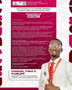 [FULL TEXT] Comrade Tomiwa Brain Declares Intention To Run For President of Lens Polytechnic Offa's Students' Union