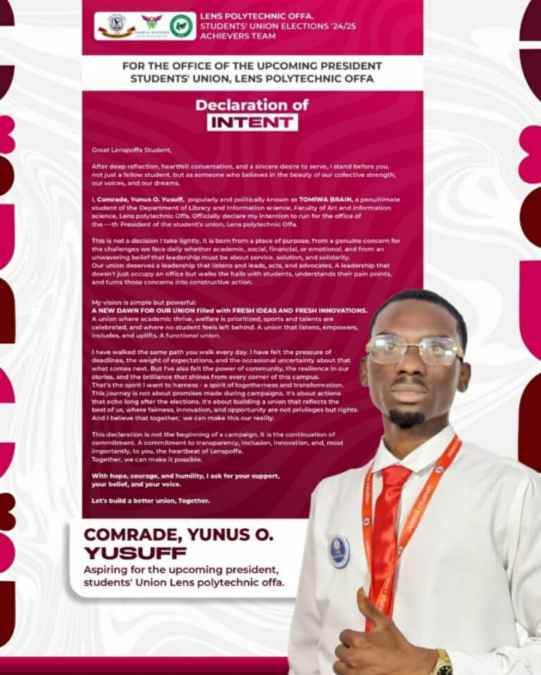 [FULL TEXT] Comrade Tomiwa Brain Declares Intention To Run For President of Lens Polytechnic Offa's Students' Union