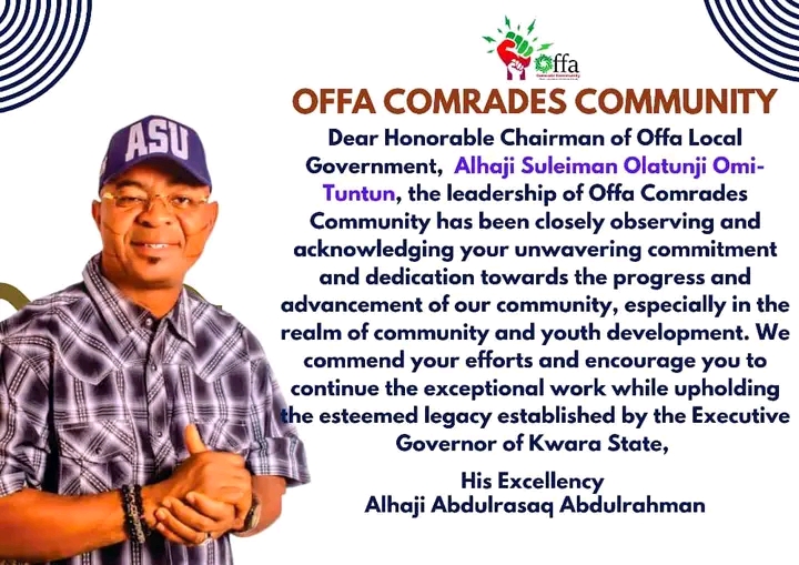 Offa Comrades Community Lauds LG Chairman, Hon Sulaiman Olatunji Laaro Omituntun On Appointment Of Members