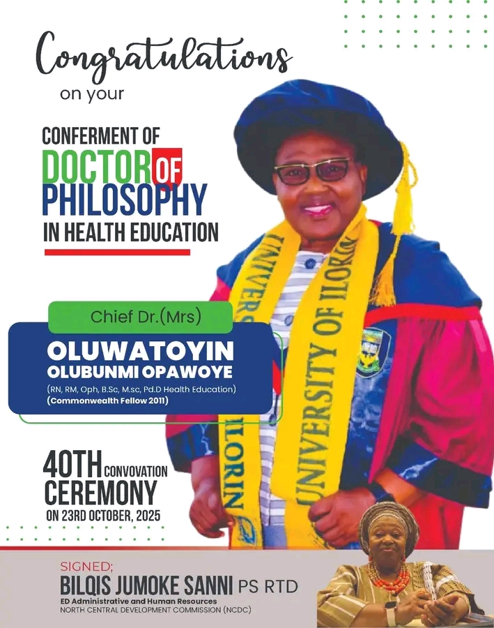 NCDC ED Admin & HR, Bilqis Jumoke Sanni Congratulates Hon. (Chief) Dr. (Mrs.) Oluwatoyin Opawoye on Her Doctorate Achievement
