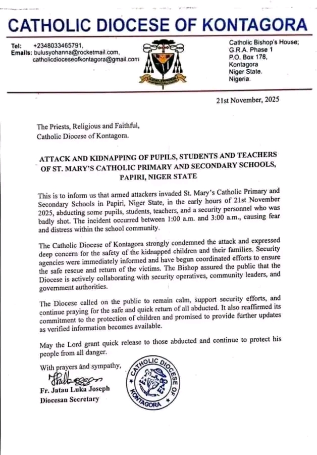 Kontagora Diocese Confirms Night Raid, Abduction of Pupils and Teachers at Niger Catholic Schools